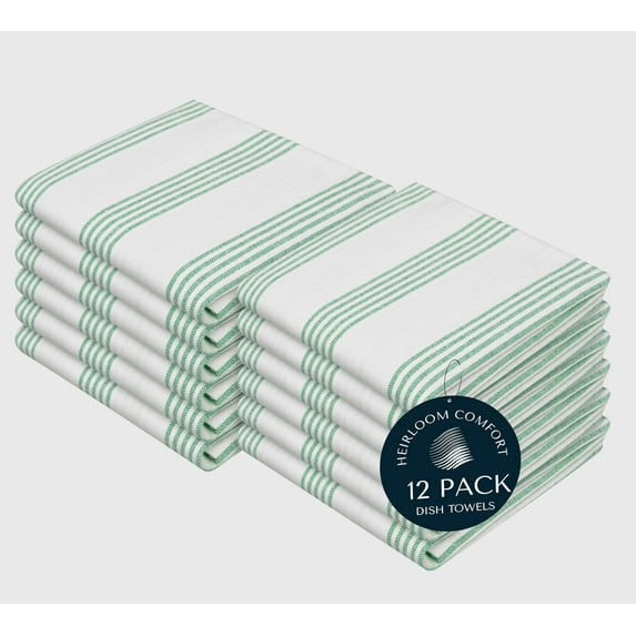 HEIRLOOM COMFORT Sea Green Striped Kitchen Dish Towels (12-Pack), Quick Dry, Ultra Absorbent & Durable, 100% Cotton Multi Pin Stripe Towels for Drying Dishes, Wiping, and Daily Kitchen Cleanup