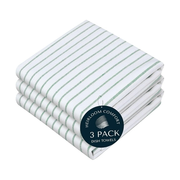 HEIRLOOM COMFORT Sea Green Striped Kitchen Dish Towels (3-Pack), Quick Dry, Ultra Absorbent & Durable, 100% Cotton Classic Stripe Towels for Drying Dishes, Wiping, and Daily Kitchen Cleanup