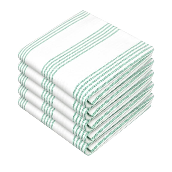 HEIRLOOM COMFORT Sea Green Striped Kitchen Dish Towels (5-Pack), Quick Dry, Ultra Absorbent & Durable, 100% Cotton Multi Pin Stripe Towels for Drying Dishes, Wiping, and Daily Kitchen Cleanup