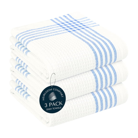 HEIRLOOM COMFORT Sky Blue and White Cotton Kitchen Towels 3 Pack, 16x26 Inch, Waffle Weave, Quick Dry, Absorbent, Durable Dish Towels for Drying, Cleaning, Cooking, Daily Kitchen Use