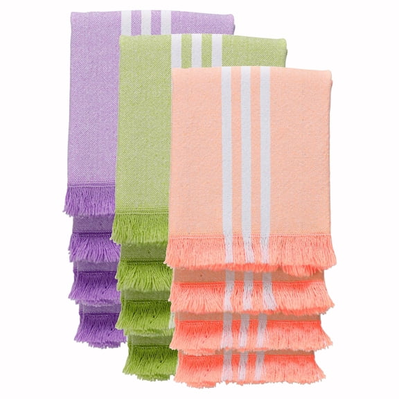 HEIRLOOM COMFORT Stripe Kitchen Towels 12 Pack, 16x26 Inch, 100% Cotton, Super Absorbent & Quick Dry, Durable, Fringed Dish Towel for Drying Dishes, Washable, Light Orange, Lemon Green, Lavender