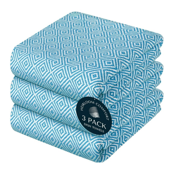 HEIRLOOM COMFORT Turquiose Blue Kitchen Towels Set of 3, Durable & Super Absorbent Dishcloths Pack, 100% Cotton, Reusable, Durable, Quick Dry Towels for Daily Kitchen Use, Wiping & Drying Dishes