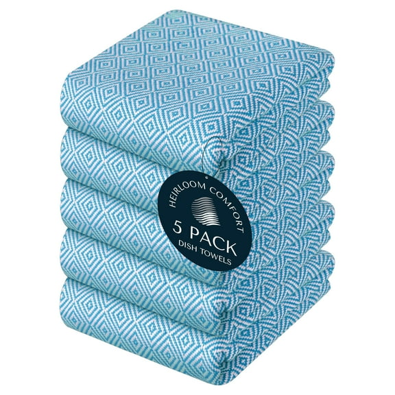 HEIRLOOM COMFORT Turquiose Blue Kitchen Towels Set of 5, Durable & Super Absorbent Dishcloths Pack, 100% Cotton, Reusable, Durable, Quick Dry Towels for Daily Kitchen Use, Wiping & Drying Dishes