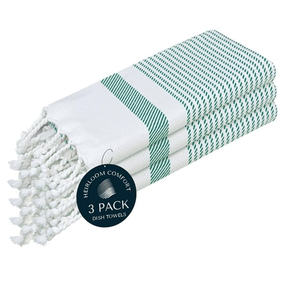 HEIRLOOM COMFORT Turquiose Green Turkish Kitchen Towels 16"x26", 3 Pack, 100% Cotton, Ultra Absorbent, Soft, Fast Dry, Machine Washable, Dish Towel with Tassels for Drying Dishes, Cleaning, Wiping