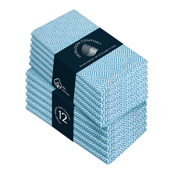 HEIRLOOM COMFORT Turquoise Blue Cloth Napkins Set of 12, Diamond Weave, 16x16 Inch, 100% Cotton, Soft, Durable, Washable Table Linen for Beach Dining, Dinner, Summer Decor & Everyday Meal Settings