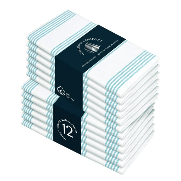 HEIRLOOM COMFORT Turquoise Stripe Cloth Napkins (Set of 12), 18x18 Inch, 100% Cotton, Washable & Durable Fabric, Multi Pin Striped Table Linen Napkin for Summer Dining, Beach Decor, BBQ, Everyday Use