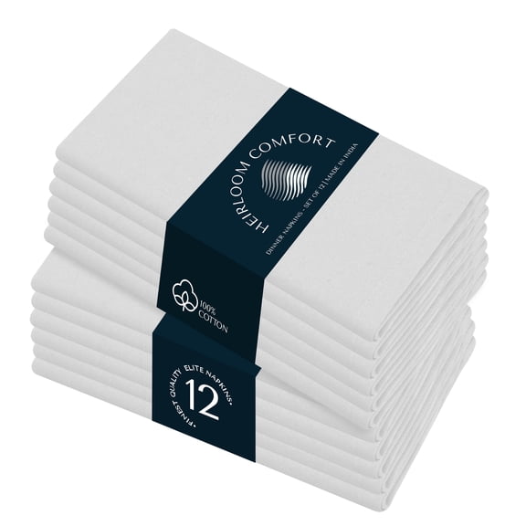 HEIRLOOM COMFORT Cloth Napkins Set of 12, 100% Cotton Napkin, Soft & Reusable Cotton Napkins, Napkin for Dinner, Wedding, Dining, 17" x 17" (White)