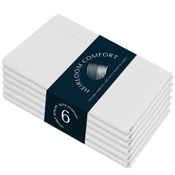 HEIRLOOM COMFORT White Cloth Napkins 18x18 Inches, Set of 6 - 100% Cotton, Soft, Absorbent, Reusable, Washable - Elegant Hemstitch Mitered Edges - Ideal for Weddings, Baby Showers, Holiday Gatherings
