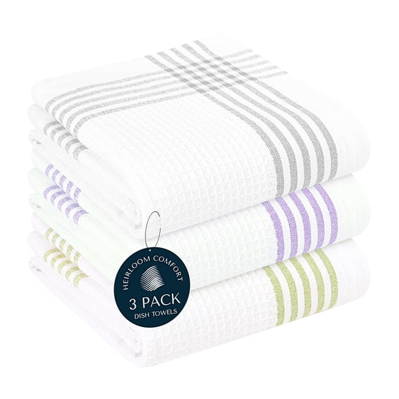 HEIRLOOM COMFORT White Waffle Weave Kitchen Towels 3 Pack, 16x26 Inch, Cotton Dish Towels, Quick Dry, Absorbent, Machine Washable, Durable for Kitchen & Cleaning, Light Grey, Lavender, Lemon Green