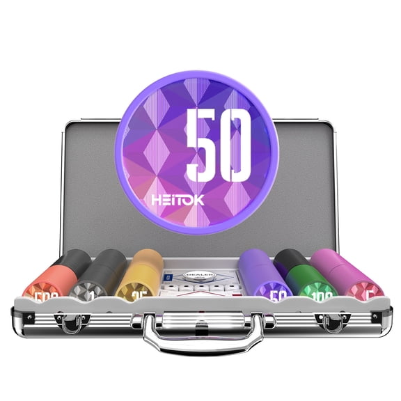 HEITOK Poker Chip Set - 11.5g Weighted Chips, Denominations, 5 Dice, 2 Decks - 300 Piece