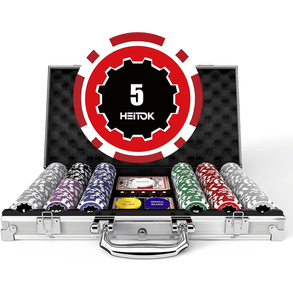 HEITOK 300-Piece Poker Chips Set with Denominations - 11.5g Weighted Chips, Includes 5 Dice & 2 Card Decks in Durable Aluminum Case for Poker Nights & Card Games