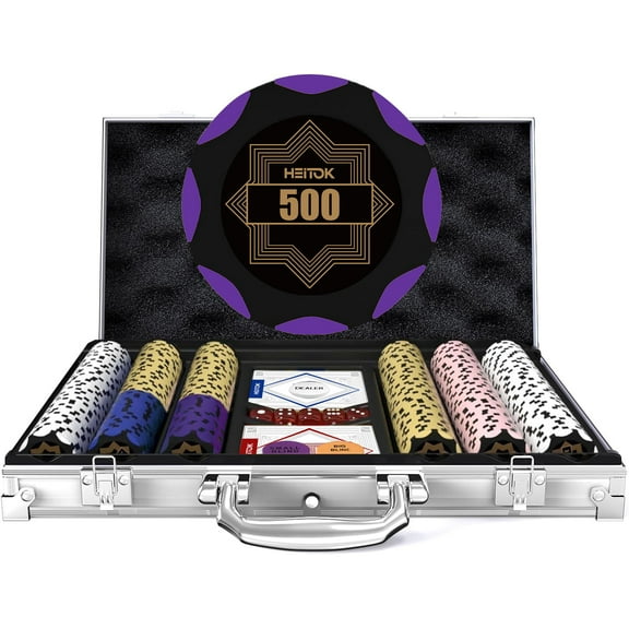 HEITOK Poker Chip Set Texas Hold'em - 14g Weighted, Aluminum Case - 300 Piece
