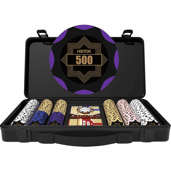 HEITOK 300pcs Clay Poker Chips Set with Denominations - 14g Weighted Chips, 5 Dice & 2 Decks in Black ABS Case for Texas Hold'em & Blackjack