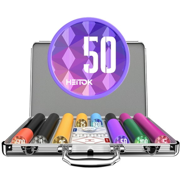 HEITOK Poker Chip Set - 11.5g Weighted Chips, 5 Dice, 2 Decks, Aluminum Case - 500 Piece