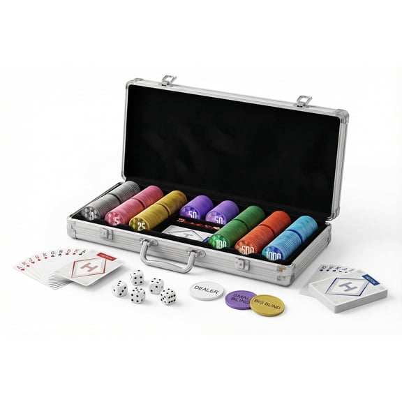 HEITOK Poker Chip Set - 11.5g Weighted Chips, 5 Dice, 2 Decks, Aluminum Case - 500 Piece