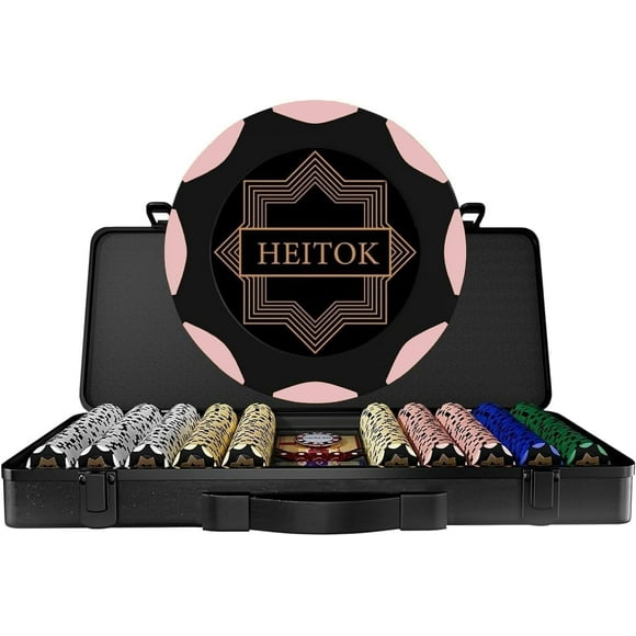 HEITOK 500pcs Clay Poker Chips Set - 14g Weighted Chips, 5 Dice & 2 Decks in Black ABS Case for Texas Hold'em & Blackjack