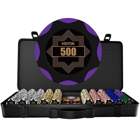 HEITOK Poker Chip Set - 14g Clay Composite, 5 Dice, 2 Decks, Black Case - 500 Pieces