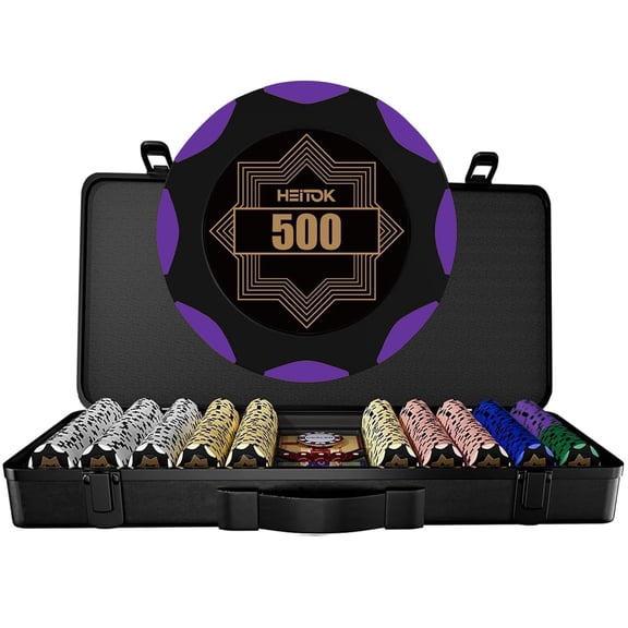 HEITOK Poker Chip Set - 14g Clay Composite, 5 Dice, 2 Decks, Black Case - 500 Pieces