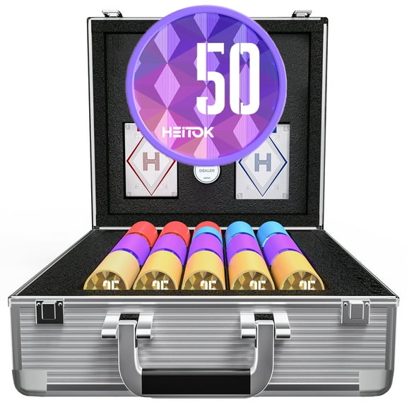 HEITOK Poker Chip Set with Denominations - 11.5g Weighted, 600 Piece, Aluminum Case