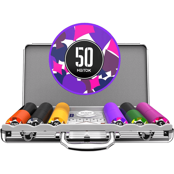HEITOK Premium 300pcs Poker Chip Set with Denominations - 11.5g Weighted Chips, 5 Dice, 2 Decks in Protective Case for Professional Game Sessions