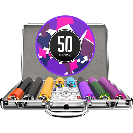 HEITOK Poker Chip Set - 11.5g Weighted Chips, 2 Decks, 5 Dice - 500 Piece Set