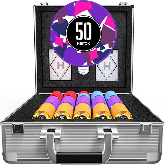 HEITOK Poker Chip Set - 11.5g Weighted Chips, 5 Dice, 2 Decks - 600 Piece Set