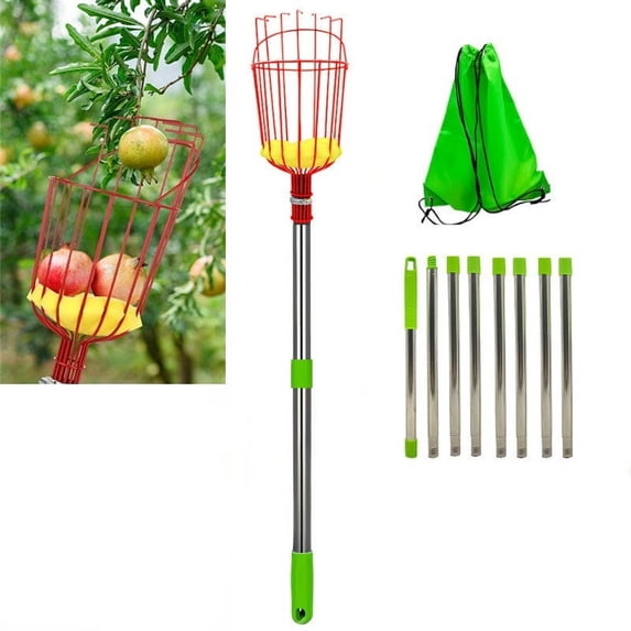 HEJULI 126 Inch Fruit Picker Pole Tool with Basket Telescoping Long Handle, 35-63 Inch Adjustable Apple Orange Picker Pole Tool with Basket for Avocado Acorn Lemon Pear Mango Tree Picker