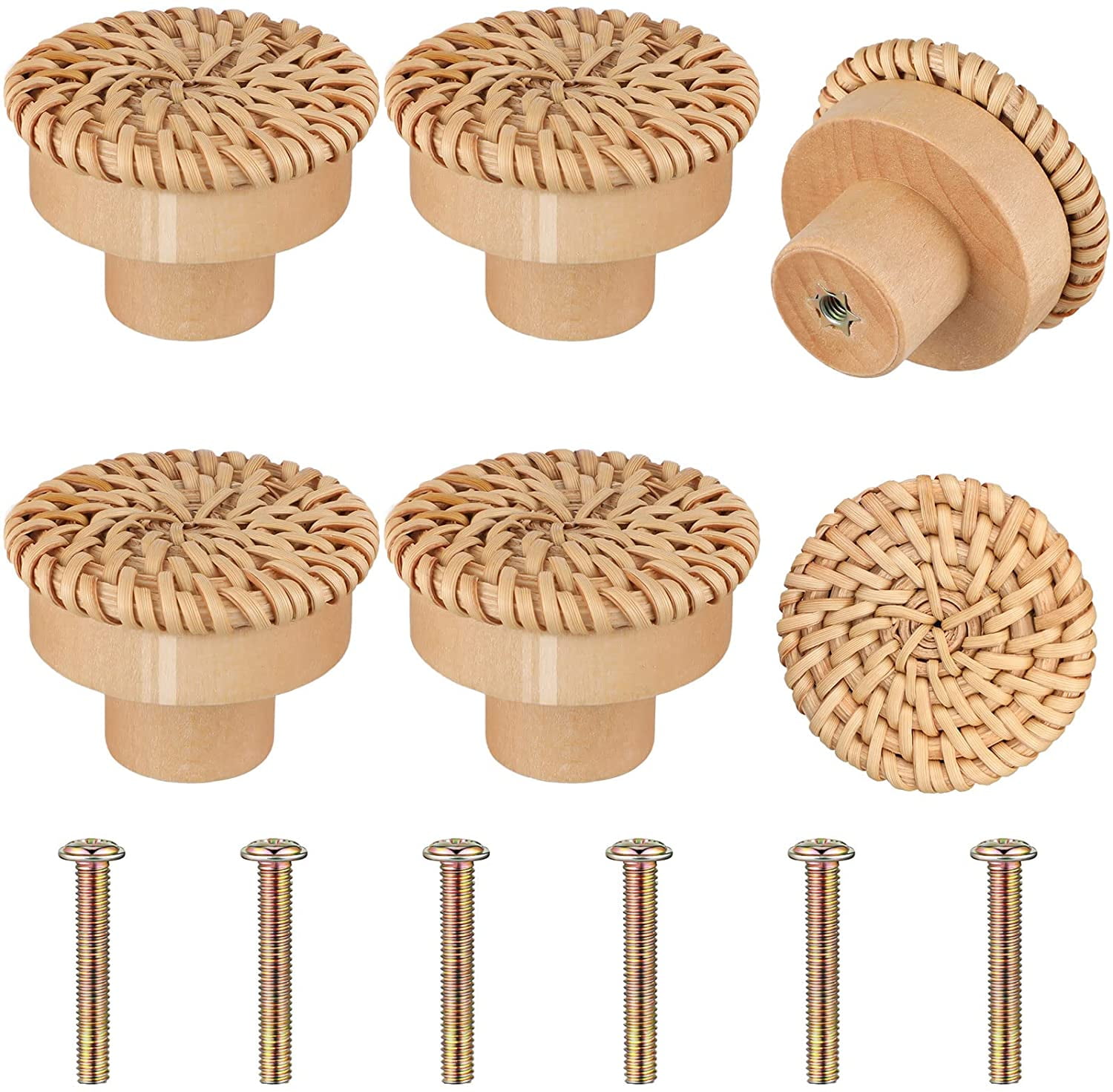 HEJULI 6 Pack Boho Rattan Dresser Knobs，Round Wooden Drawer Knobs