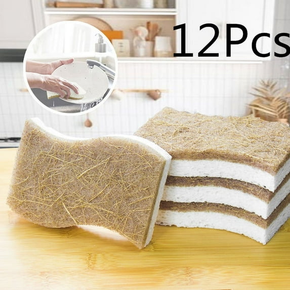 HEJULIK 12Pcs Natural Kitchen Sponge - Biodegradable Compostable Cellulose and Coconut Scrubber Sponge Eco Friendly Sponges for Dishes