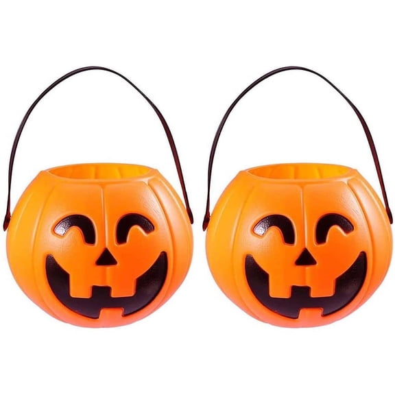 HEJULIK 2Pcs Halloween Pumpkin Bucket Portable Pumpkin Trick or Treat Candy Bucket Holder for Halloween Party Supplies (17cm, Orange)