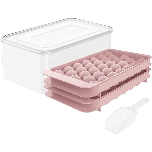 HEJULIK 66 Compartment Round Ice Cube SetSpherical Ice Cube with LidHousehold Ice BoxChilling CocktailsWhiskyTeaCoffee 2 Trays 1 Ice Bucket and Spoon,Pink