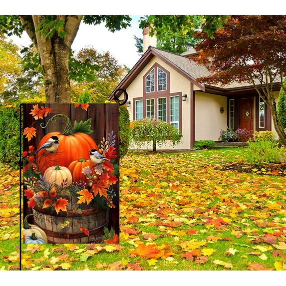 HEJULIK Fall Thanksgiving Pumpkin Small Garden Flag 12x18 Inch Vertical Double Sided Autumn Watercolor Bird Burlap Yard Outdoor Decor