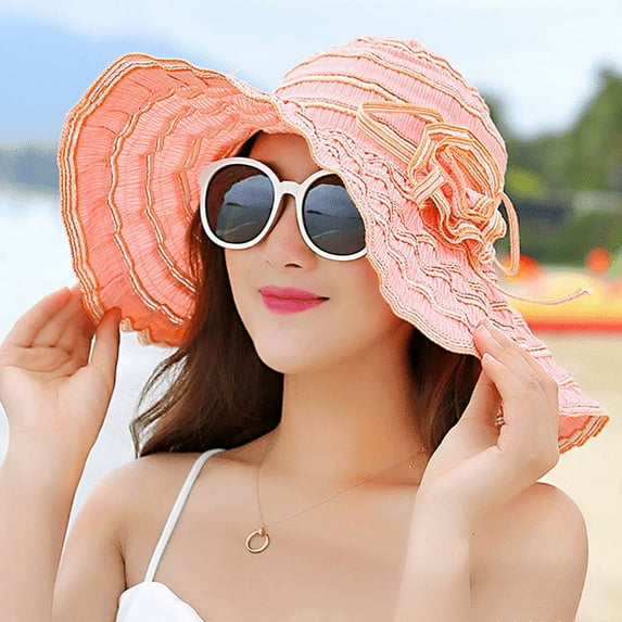HEJULIK Foldable Summer Sun Protection Flap Beach Sun Hat Women's Wide Brim UV Protection Straw Hat Hat (Orange)