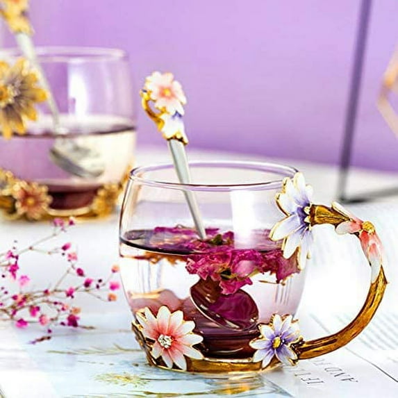 HEJULIK Gifts for Mom Women Mother's Day Glass Coffee Mug Enamel Mug Best Birthday Gift Daisy Gift Christmas Pink Teacup with Spoon Set,Pink
