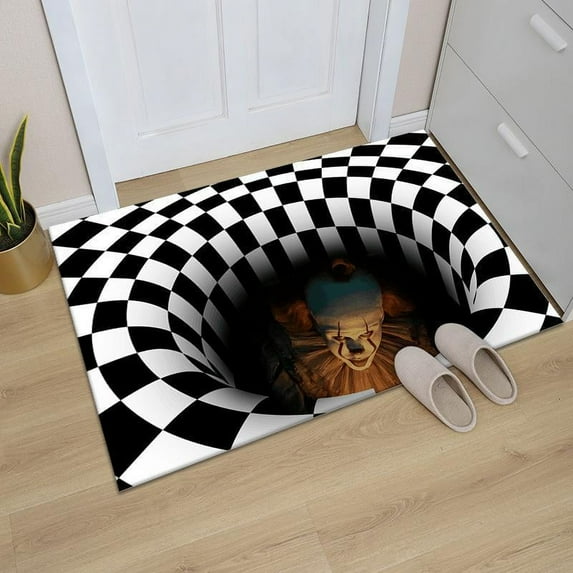 HEJULIK Halloween Decoration Doormat Horror Movie Front Door Mats 3D Checkered Illusion Clown Porch Decor Rubber Back Non Slip Entrance Door Mat for Indoor Outdoor 20x31 inch