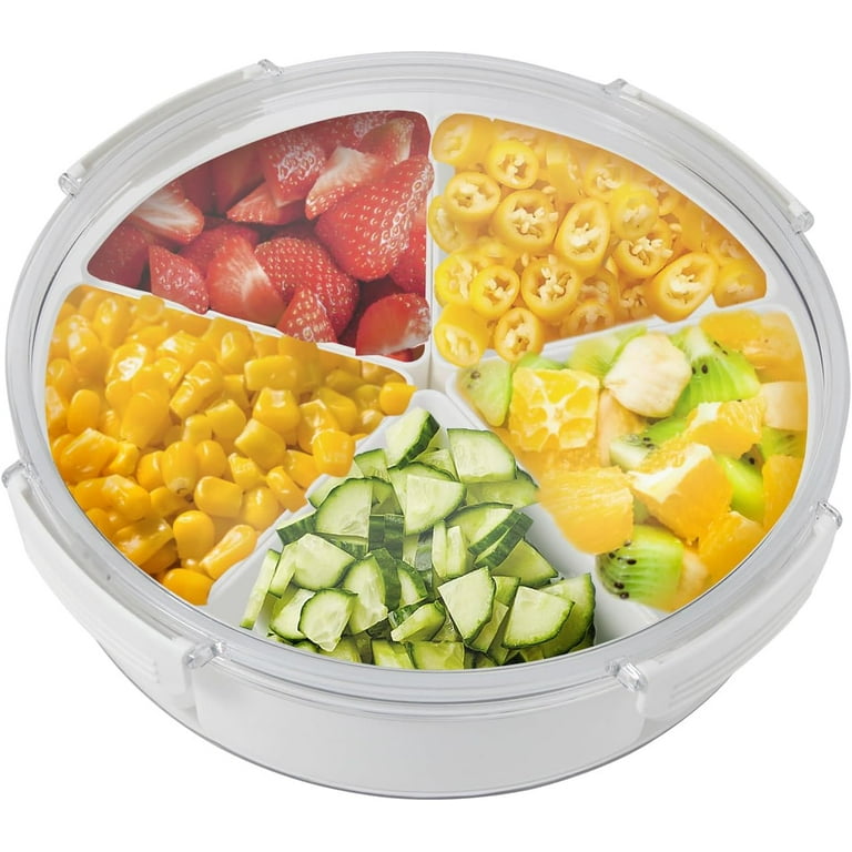 bealy 2 Pack Veggie Tray With Lid,Divided Serving Tray with 5 Compartments,  Plastic Party Platter,Fruit Storage Containers Vegetable Tray, Snack Box