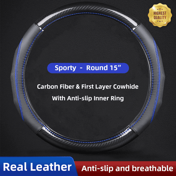 HEKAPAS Sport Carbon Fiber & Leather Car Steering Wheel Cover Breathable Vehicle Steering Wheel Wrap with Anti-Slip Lining Car Steering Wheel Protector Universal for Diameter 38cm(15") (Black-Blue)