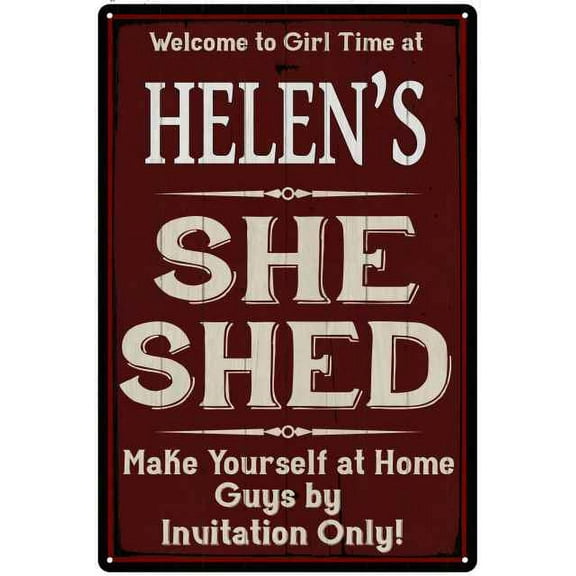 HELEN'S She Shed Red Sign Lady Cave 8 x 12 High Gloss Metal 208120088018
