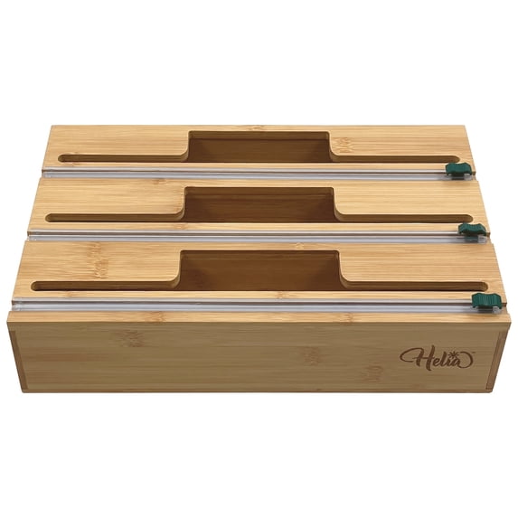 HELIA Bamboo Kitchen Wrap Organizer | Wall Mounting Solid Bamboo Foil and Plastic Wrap Dispenser with Sliding Cutters | Aluminum Foil and Plastic Wrap Dispenser with Cutter