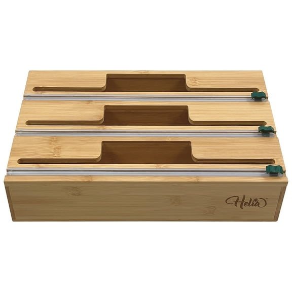 HELIA Bamboo Kitchen Wrap Organizer | Wall Mounting Solid Bamboo Foil and Plastic Wrap Dispenser with Sliding Cutters | Aluminum Foil and Plastic Wrap Dispenser with Cutter