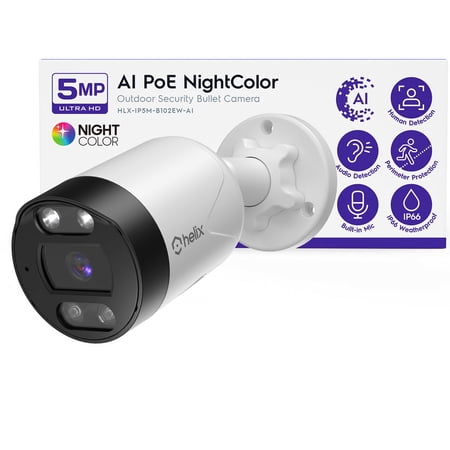 HELIX 5MP Outdoor IP Security PoE Camera, Human Detection, NDAA Compliant, IP Surveillance Bullet, 2-Way Audio, Support 256GB MicroSD, 98ft Night Color Vision, Deterrent, HLX-IP5M-B102EW-AI price history and forecast - Helix HLX-IP5M-B102EW-AI