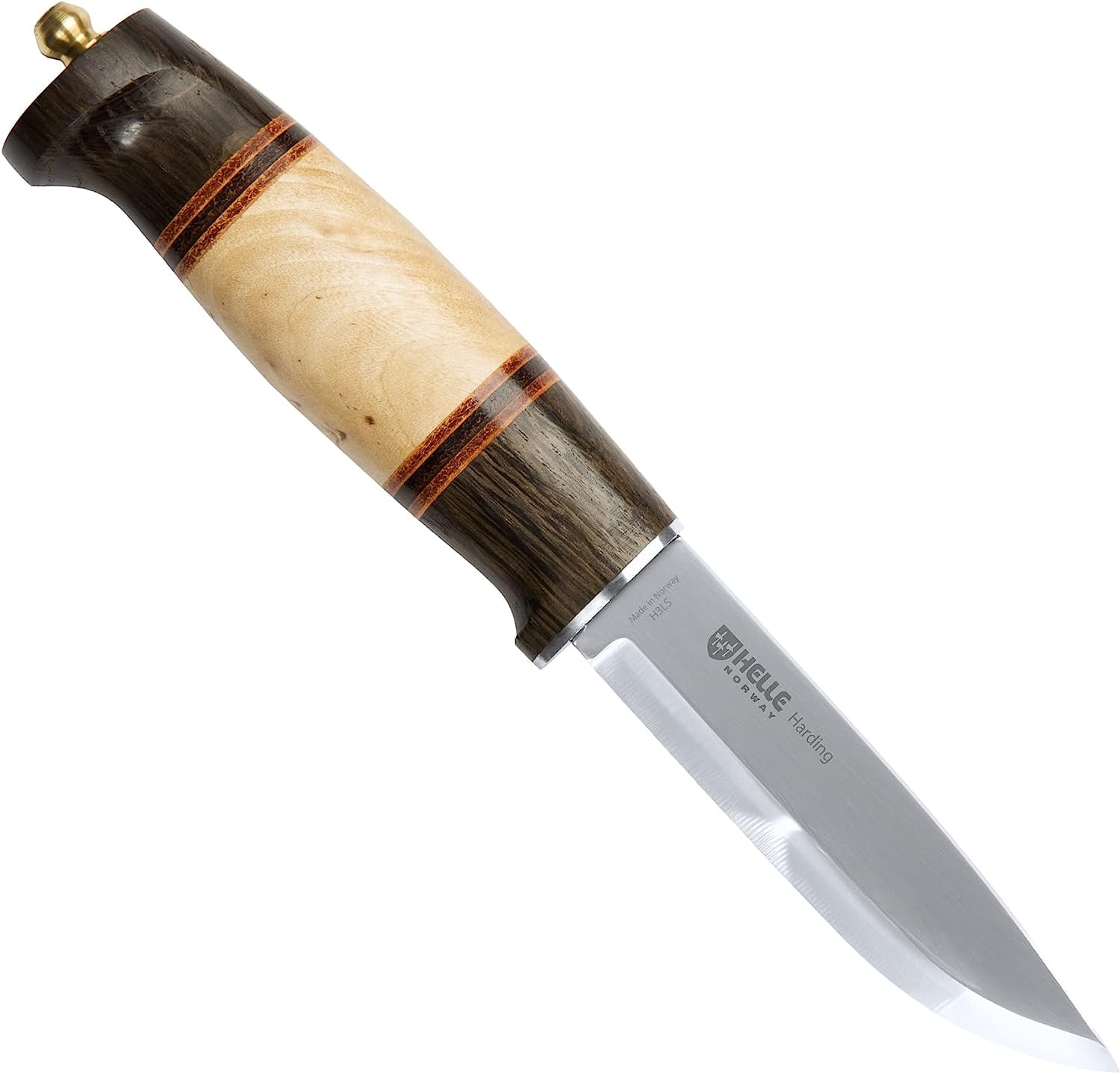 HELLE Knives - Harding - Men's Field Knife for Hunting, Camping, Outdoor, Fixed Blade with Darkened Oak, Curly Birch & Leather Handle, Scandi Grind - Leather Sheath