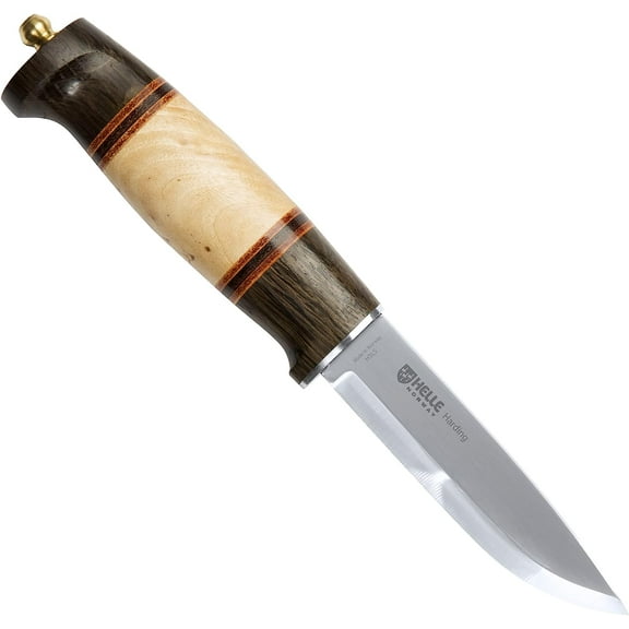 HELLE Knives - Harding - Men's Field Knife for Hunting, Camping, Outdoor, Fixed Blade with Darkened Oak, Curly Birch & Leather Handle, Scandi Grind - Leather Sheath