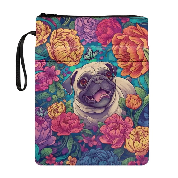 HELLHERO 1 pc Book Sleeve Protector Pouch with Lightweight Classic Reusable with Book Protection for Women Book Organzoer Holder Pug Peonies