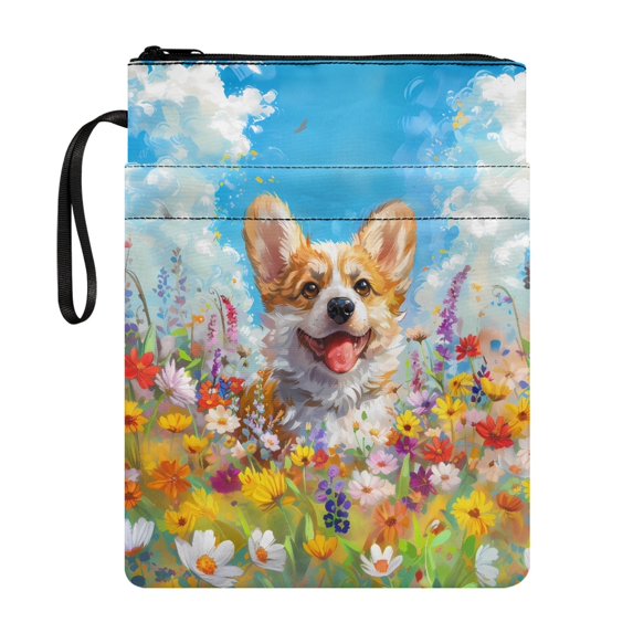 HELLHERO 1 pc Paperback Book Cover with Washable Polyester Fabric Book Organzoer Holder for Office Teachers 11.4 Inch X 8.66 Inch, Corgis and Flowers
