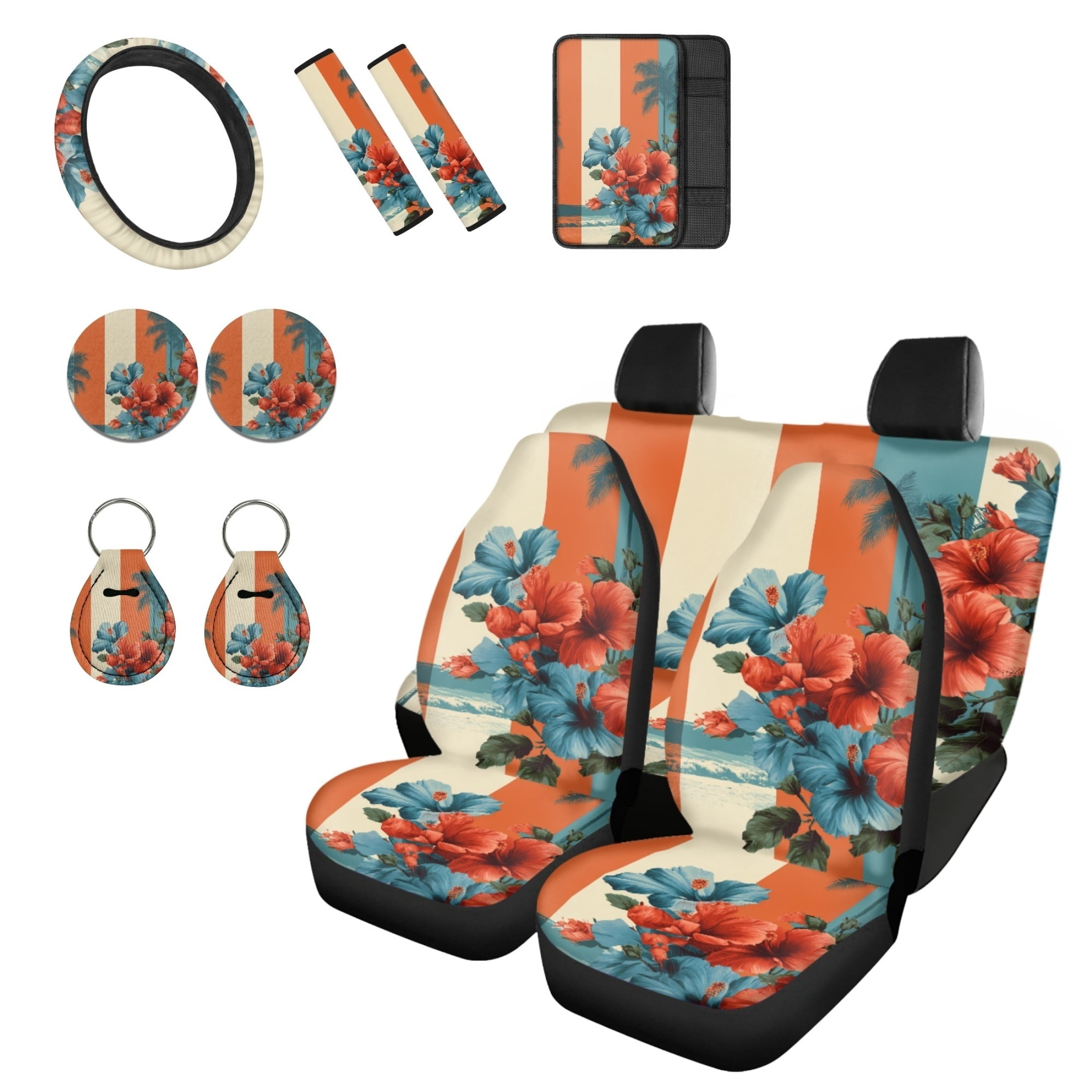 HELLHERO 12 Pcs Vintage Hibiscus Palm Car Seat Cover Full Set, Steering ...