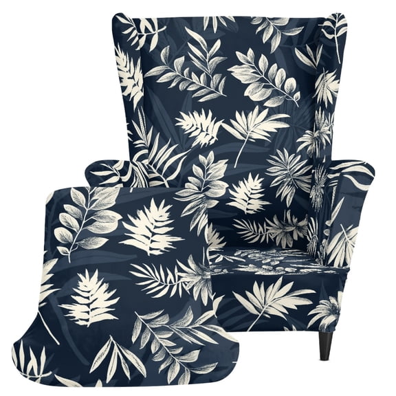 HELLHERO 2-Piece Non-slip Wingback Chair Cover, Tropical Leaf Print Spandex Removable Wingback Chair Slipcover for Living Room Bedroom