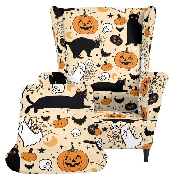 HELLHERO 2 Piece Removable Wing Chair Slipcover, Halloween Pumpkin Cat Polyester Spandex Stretch Armchair Sofa Covers for Living Room Bedroom