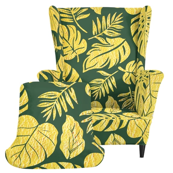 HELLHERO 2-Piece Soft Wingback Chair Cover, Gold Leaf Print Stretch Polyester Non-slip Wingback Chair Covers for Study Living Room