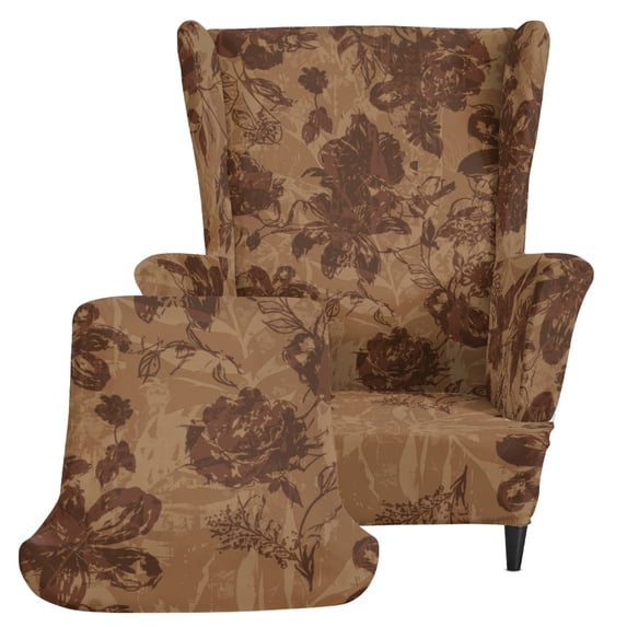 HELLHERO 2 Piece Stretch Wingback Chair Slipcover, Brown Floral Print Spandex Non-slip Single-Seat Wingback Armchair Covers for Living Room Bedroom